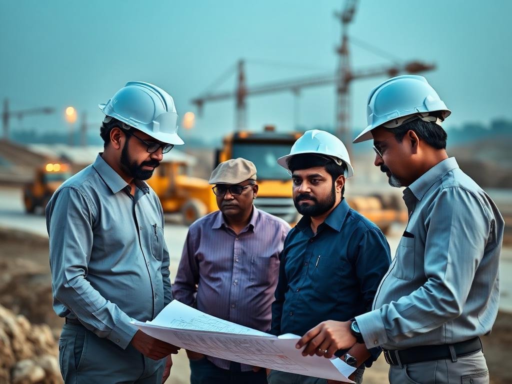 Narayangroups engineers reviewing plans at a highway construction site