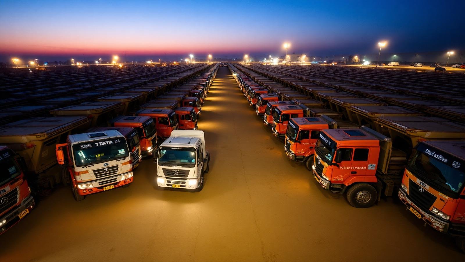 Rows of Indian heavy-duty tipper trucks in the Narayangroups yard at dusk